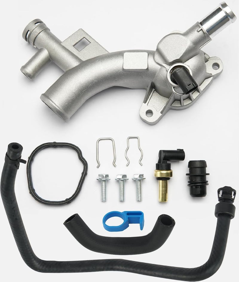 FRONEZER Aluminum Engine Coolant Housing Water Outlet Kit with Inlet Hose and Oil Cooler Hose Compatible with 2011-2021 Chevy Cruze Sonic Trax, Buick Encore 1.4L Replaces 25193922, 902-846, 13251447, 55596898 - Image 1